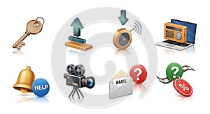 Assorted Technology and Communication Icons on Reflective White Background.