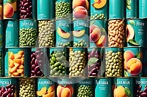Assorted Tin Cans Containing a Variety of Foods, Such as Peas, Peaches, and Beans - Arranged on a Vibrant Surface