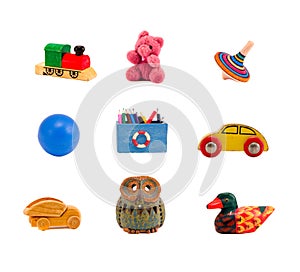 Assorted toys collection isolated on white