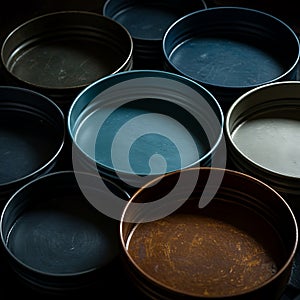 Assorted traditional ceramic cooking pots arranged in dark lighting
