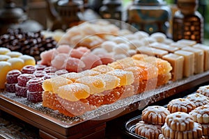 Assorted traditional Japanese sweets displayed on wooden tray