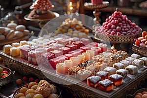 Assorted traditional sweets displayed on luxurious table setting