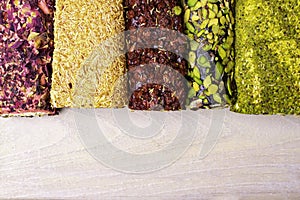 Assorted traditional Turkish Delight bars Sugar coated soft candy