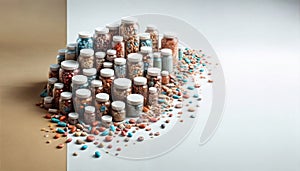 Assorted transparent pill jars with white and blue caps filled with colorful pills and capsules, space for text