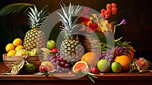tropical fruits on wooden table with pineapples, coconuts, and mangoes photo