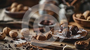 Assorted truffles and nuts on rustic table