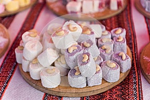 Assorted Turkish Delight barsSugar coated soft candy cashew nuts, coconut