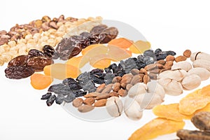 Assorted turkish dried fruits and nuts isolated on white.