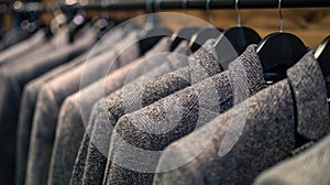 Assorted tweed jackets on wooden hangers in a retail clothing store