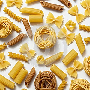 Assorted types of uncooked pasta are displayed against a white background.