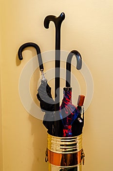 Assorted umrellas and a cane in a brass stand