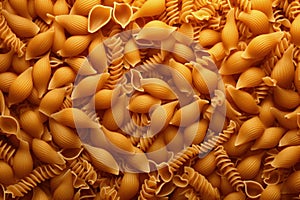 Assorted uncooked pasta forming a textured background