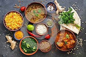 Assorted various Indian food on a dark rustic background. Traditional Indian dishes - Chicken tikka masala, palak paneer, saffron