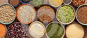 Assorted of a various of legumes, beans, grains and seeds in bowls, banner. Top view, flat lay, border