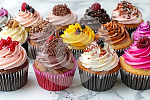 Assorted vegan cupcakes with vibrant frosting and natural toppings