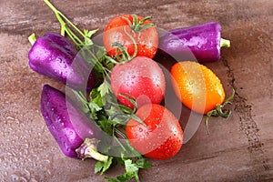 Assorted vegetable with purple exotic color bell peppers and tomatoes on stone background.