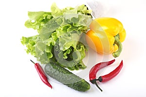 Assorted vegetables, fresh bell pepper, tomato, chilli pepper, cucumber and lettuce on white background