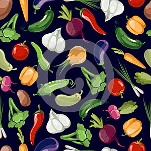 Assorted vegetables vector seamless pattern on black background
