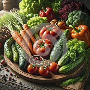Assorted Vegetables in a Wooden Bowl for a Fresh and Nutritious Delight