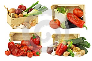 Assorted vegetables in a wooden crate