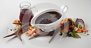 Assorted veggies scattered on table near soy sauce bowl and vinegar decanter