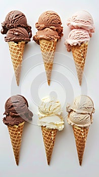 An assorted vertical lineup of ice cream cones with flavors like chocolate and caramel on a white surface. photo
