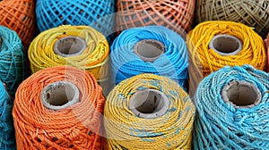Assorted vibrant cotton threads on spools for intricate sewing and embroidery projects
