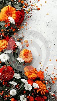 Assorted vibrant flowers on white background with ample space for text placement