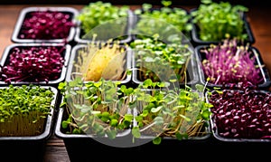 Assorted vibrant microgreens growing in trays with rich green purple and yellow leaves fresh organic produce for healthy eating