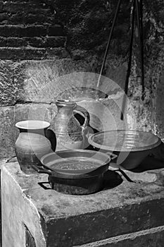 Assorted vintage kitchenware in an old kitchen