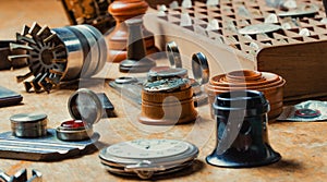 Assorted vintage tools on display on a clockmakers workbench