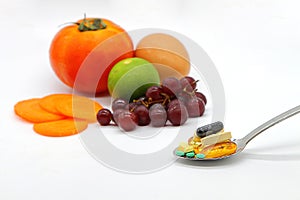 Assorted vitamins and nutritional supplements in serving spoon. on blur colorful fruits background