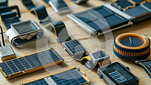 Assorted wearable solar-powered devices on a wooden surface.