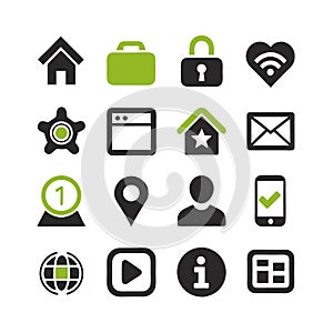 Assorted web and interface icons arranged on white backdrop