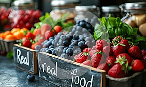 Assorted wholesome ingredients around a chalkboard with real food text promoting natural, unprocessed nutrition and healthy eating photo