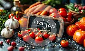 Assorted wholesome ingredients around a chalkboard with real food text promoting natural, unprocessed nutrition and healthy eating photo