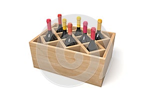 Assorted wine bottles in a wooden crate