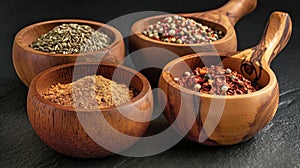 Assorted Wooden Bowls Filled With Flavorful Spices and Herbs