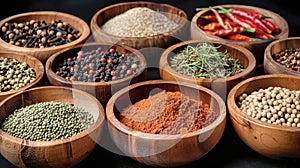 Assorted Wooden Bowls Filled With Flavorful Spices and Herbs