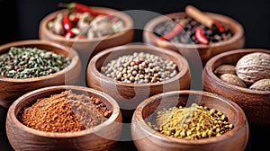 Assorted Wooden Bowls Filled With Flavorful Spices and Herbs