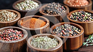 Assorted Wooden Bowls Filled With Flavorful Spices and Herbs