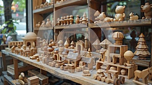 Assorted wooden toys and buildings display. Handcrafted wooden objects on shelves