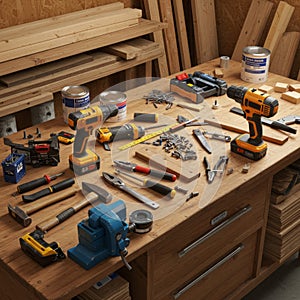 Assorted Woodworking Tools on Wooden Workbench