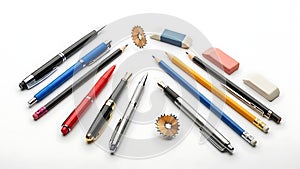 Assorted writing instruments and erasers on white background