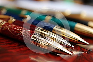 Assorted Writing Tools. Pens, Pencils, Rollerballs, and Colorful Markers on Table