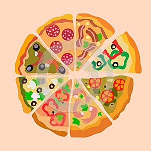 Assorti Pizza Slices Color Vector Illustration