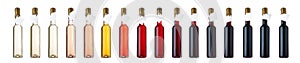 Assortment of 16 bottles of red, pink, white wines with blank label. Mockup template, isolated on white. Banner, panorama, collage
