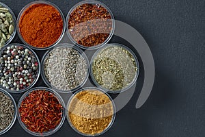 Assortment of aromatic spices, seeds and dry herbs for cooking food