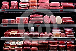 Assortment artificial meat, sausage, and plant-based products, future of food on supermarket shelves
