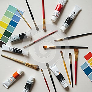 An assortment of artist's tools is spread out on a canvas surface. Various